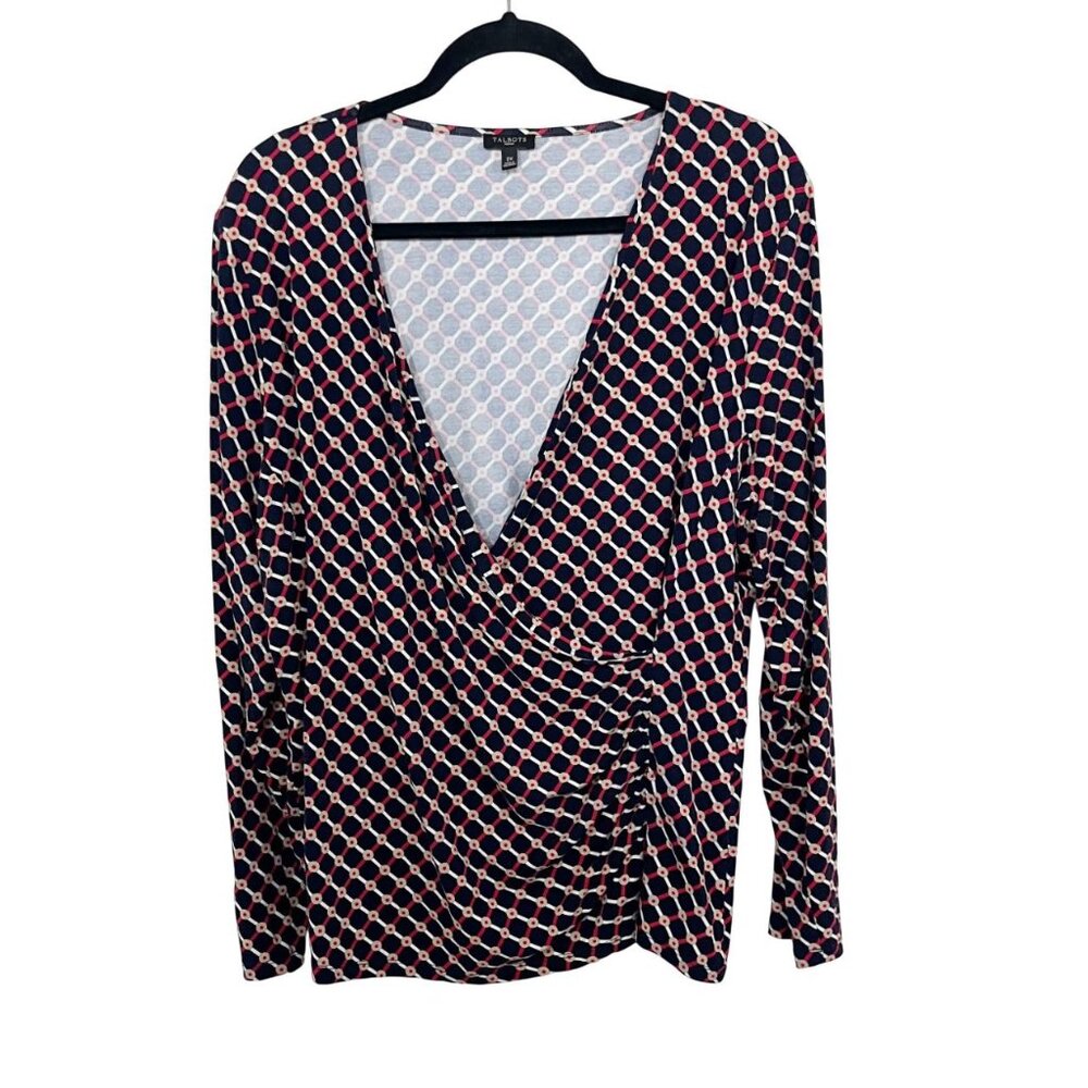 Talbots Navy Blue Trellis Dot Print Surplice Long Sleeve Top‎ V-Neck - Size 2X